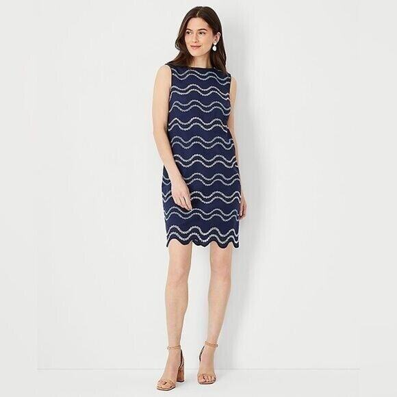 NEW Ann Taylor Petite Wave Embroidered Scalloped Shift Dress Sz 10 Navy #614409 - Picture 1 of 8